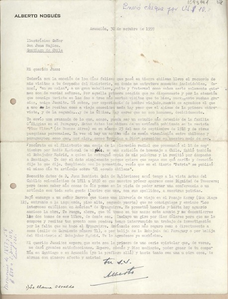 [Carta] 1959 octubre 30, Asunción, Paraguay [a] Juan Mujica, Santiago, Chile