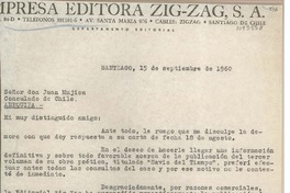 [Carta] 1960 septiembre 15, Santiago, Chile [a] Juan Mujica, Arequipa, Perú