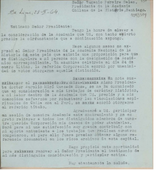 [Carta] 1964 enero 28, Lima, Perú [a] Eugenio Pereira Salas, Santiago, Chile