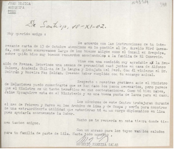 [Carta] 1962 noviembre 10, Santiago, Chile [a] Juan Mujica, Arequipa, Perú