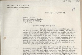 [Carta] 1965 junio 18, Santiago, Chile [a] Sergio Huneeus Lavin, Quito, Ecuador