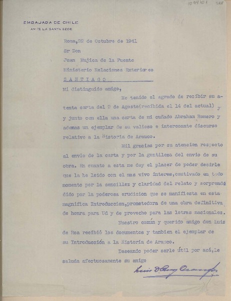 [Carta] 1941 octubre 22, Roma, Italia [a] Juan Mujica, Santiago, Chile