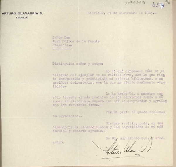 [Carta] 1943 diciembre 27, Santiago, Chile [a] Juan Mujica de la Fuente