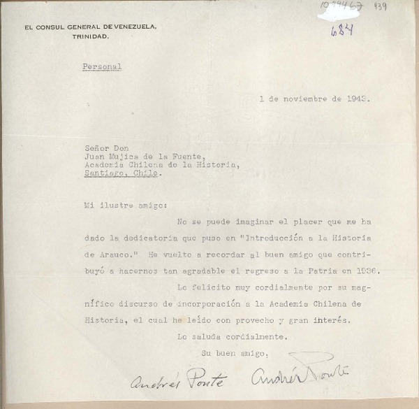 [Carta] 1943 noviembre 1, Trinidad, [a] Juan Mujica, Santiago, Chile