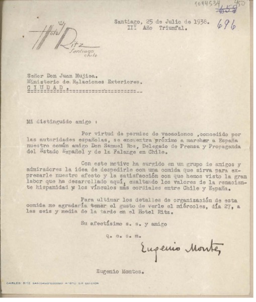 [Carta] 1938 junio 25, Santiago, Chile [a] Juan Mujica