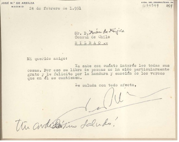 [Carta] 1951 febrero 24, Madrid, España [a] Juan Mujica, Cónsul de Chile, Bilbao, España