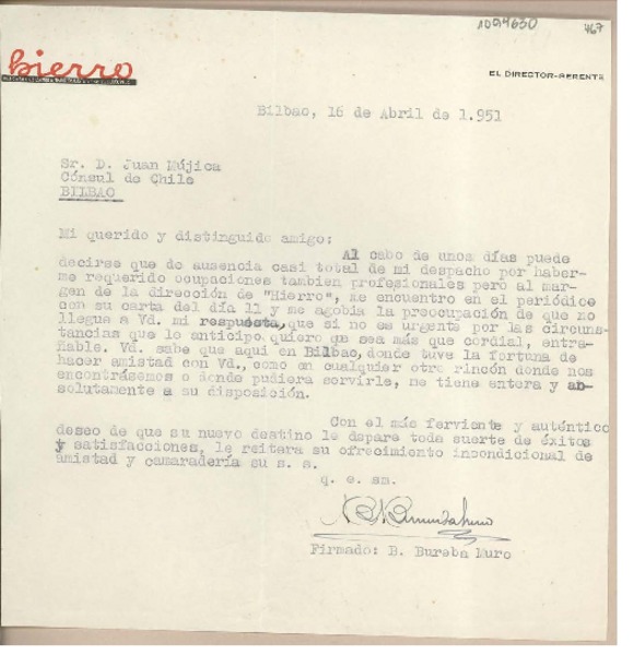 [Carta] 1951 abri, 16, Bilbao, España [a] Juan Mujica de la Fuente