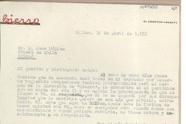 [Carta] 1951 abri, 16, Bilbao, España [a] Juan Mujica de la Fuente