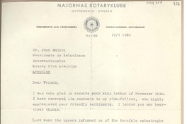 [Carta] 1962 enero 17, Gothenburg, Sweden [a] Juan Mujica, Arequipa, Perú