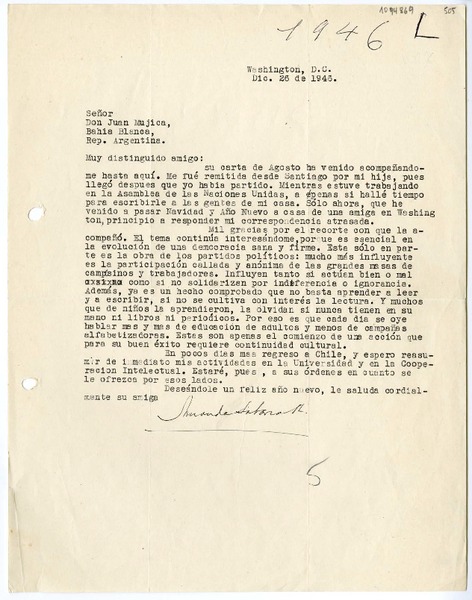[Carta] 1946 diciembre 26, Washigton D.C. [a] Juan Mujica de la Fuente, Bahía Blanca, Argentina