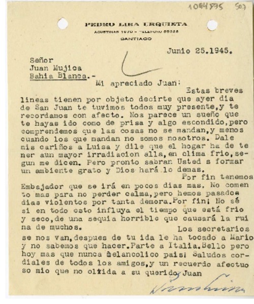 [Carta] 1945 junio 25, Santiago, Chile [a] Juan Mujica de la Fuente, Bahía Blanca, Argentina
