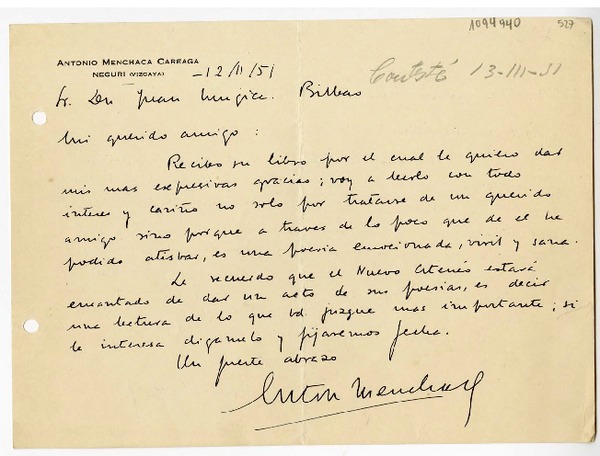 [Carta] 1951 febrero 12, Negury, Vizcaya, España [a] Juan Mujica de la Fuente, Bilbao