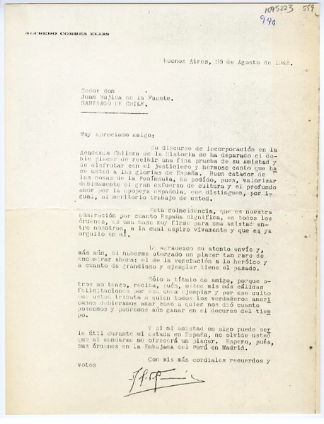 [Carta] 1943 agosto 20, Buenos Aires, Argentina [a] Juan Mujica de la Fuente