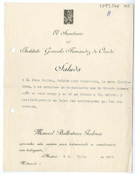 [Carta] 1950 julio 4, Madrid, España [a] Juan Mujica, Bilbao, España