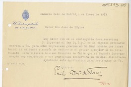 [Carta] 1929 enero 5, Palacio Real de Madrid, España [a] Juan Mujica