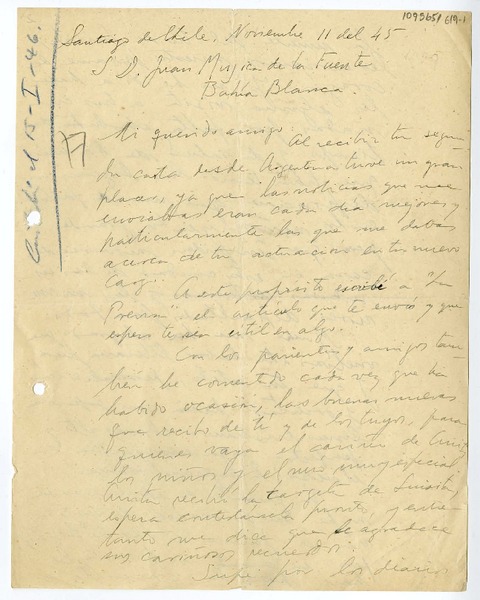 [Carta] 1945 noviembre 11, Santiago, Chile [a] Juan Mujica, Bahía Blanca, Argentina