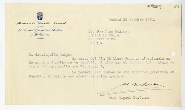 [Carta] 1950 octubre 25, Madrid, España [a] Juan Mujica, Bilbao, España