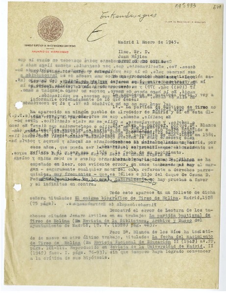[Carta] 1945 enero 1, Madrid, España [a] Juan Mujica, Santiago, Chile