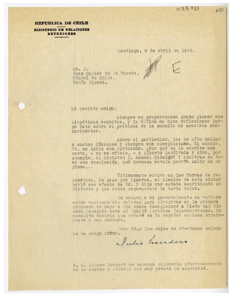 [Carta] 1946 abril 5, Santiago, Chile [a] Juan Mujica, Bahía Blanca, Argentina