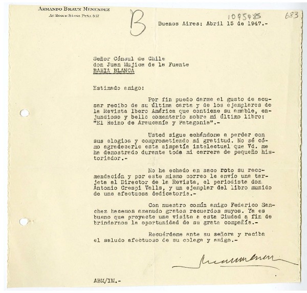 [Carta] 1947 abril 15, Buenos Aires, Argentina [a] Juan Mujica, Bahía Blanca, Argentina