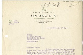 [Carta] 1947 abril 14, Santiago, Chile [a] Juan Mujica de la Fuente, Bahía Blanca, Argentina