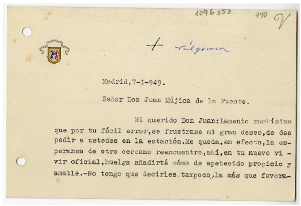 [Tarjeta] 1949 enero 7, Madrid, España [a] Juan Mujica de la Fuente
