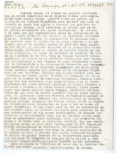 [Carta] 1962 noviembre 18, Arequipa, Perú [a] Blas Piñar López, Madrid, España