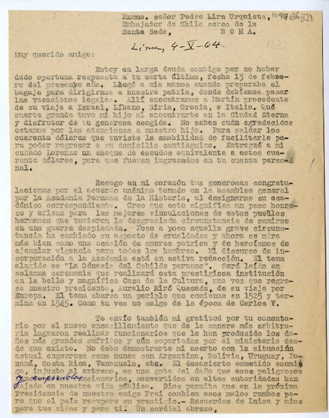 [Carta] 1964 mayo 4, Lima, Perú [a] Pedro Lira Urquieta, Roma, Italia