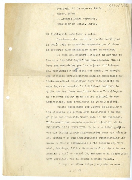 [Carta] 1945 mayo 25, Santiago, Chile [a] Armando Labra Carvajal, Quito, Ecuador