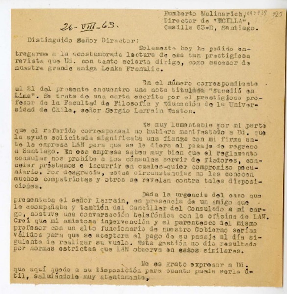 [Carta] 1963 agosto 26, Lima, Perú [a] Humberto Malinarich, Santiago, Chile