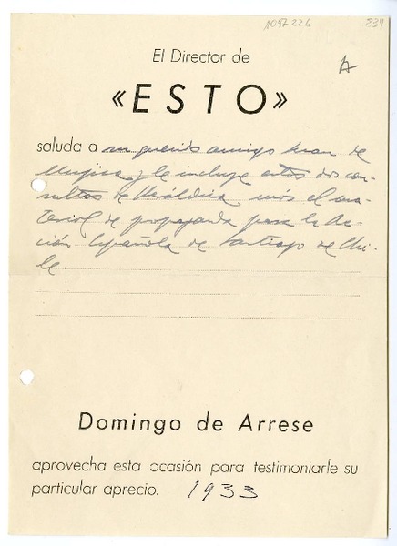 [Carta] 1933 [Madrid], España [a] Juan Mujica de la Fuente