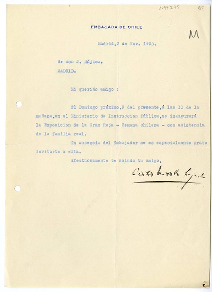 [Carta] 1930 noviembre 7, Madrid, España [a] Juan Mujica de la Fuente