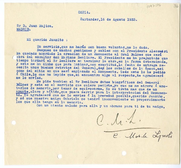 [Carta] 1933 agosto 16, Santander, España [a] Juan Mujica de la Fuente, Madrid