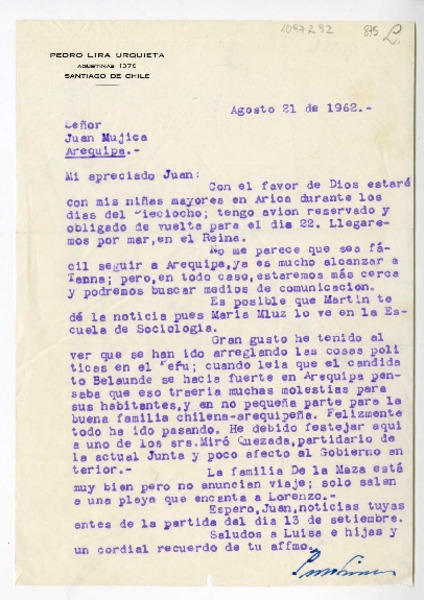 [Carta] 1962 agosto 21, Santiago, Chile [a] Juan Mujica de la Fuente, Arequipa, Perú