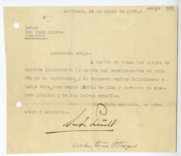 [Carta] 1938 junio 24, Santiago, Chile [a] Juan Mujica de la Fuente