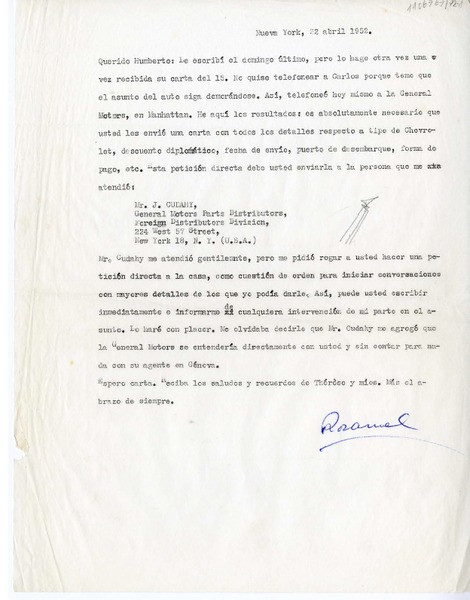 [Carta] 1952 abril 22, Nueva York, [a] Humberto Díaz-Casanueva, [Italia]