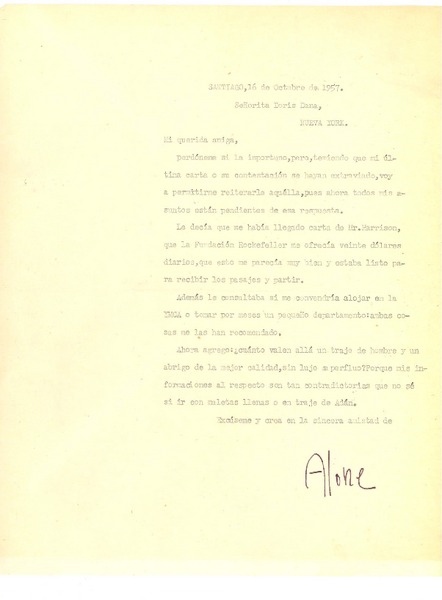 [Carta] 1957 oct. 16, Santiago, Chile [a] Doris Dana, New York