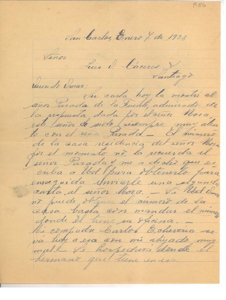 [Carta] 1933 ene. 7, San Carlos, Chile [a] Omar Cáceres, Santiago, Chile