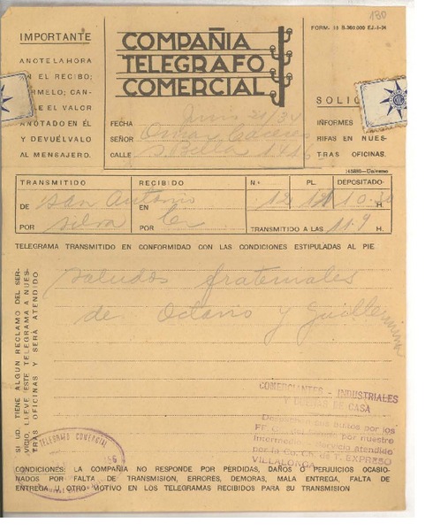 [Telegrama] 1934 jun. 21, San Antonio, Chile [a] Luis Omar Cáceres, Santiago, Chile