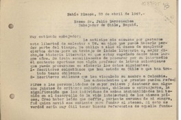 [Carta] 1947 abril 23, Bahía Blanca, Argentina [a] Julio Barrenechea Pino, Bogotá