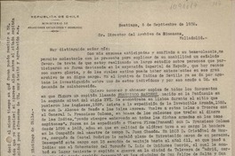[Carta] 1939 septiembre 6, Santiago, Chile [al] Director del Archivo de Simancas, Valladolid, España