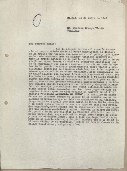 [Carta] 1949 enero 19, Bilbao, España [a] Eugenio Orrego Vicuña, Santiago, Chile