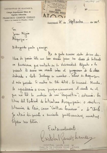 [Carta] 190 septiembre 25, Guayaquil, Ecuador [a] Juan Mujica, Arequipa, Perú