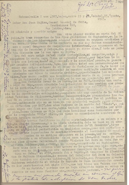[Carta] 1963 agosto 15, La Habana, Cuba [a] Juan Mujica, Lima, Perú