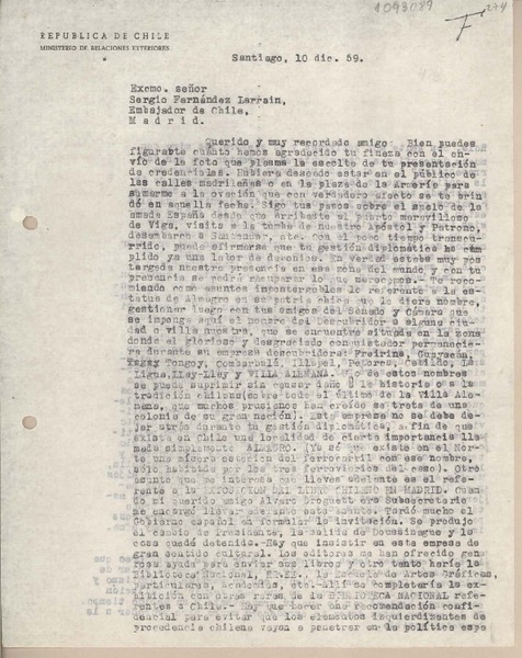 [Carta] 1959 diciembre 10, Santiago, Chile [a] Sergio Fernández Larraín, Madrid, España