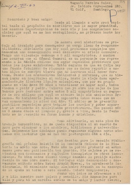 [Carta] 1963 julio 12, Lima, Perú [a] Eugenio Pereira Salas, Santiago, Chile