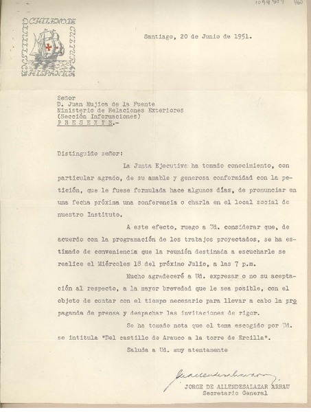[Carta] 1951 junio 20, Santiago, Chile [a] Juan Mujica de la Fuente
