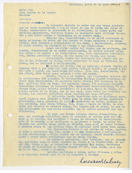 [Carta] 1948 abril 30, Santiago, Chile [a] Juan Mujica de la Fuente, Mendoza, Argentina