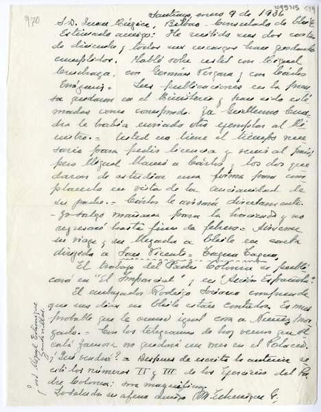 [Carta] 1936 enero 9, Santiago, Chile [a] Juan Mujica de la Fuente, Bilbao, España