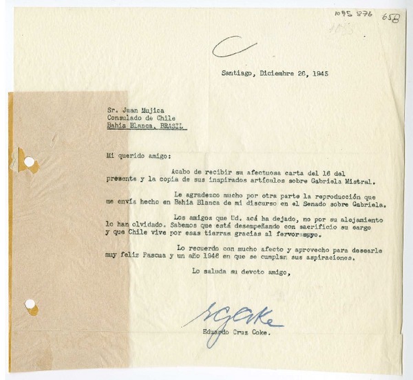 [Carta] 1945 diciembre 26, Arequipa, Perú [a] Juan Mujica, Bahía Blanca, Argentina